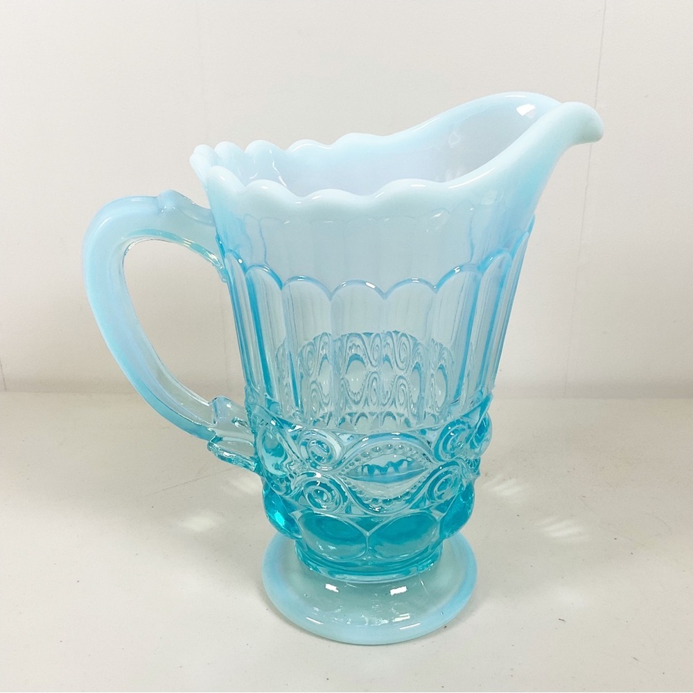 VINTAGE MOSSER GLASS AQUA OPALESCENT EYE WINKER PATTERN PITCHER 7.5 INCHES TALL